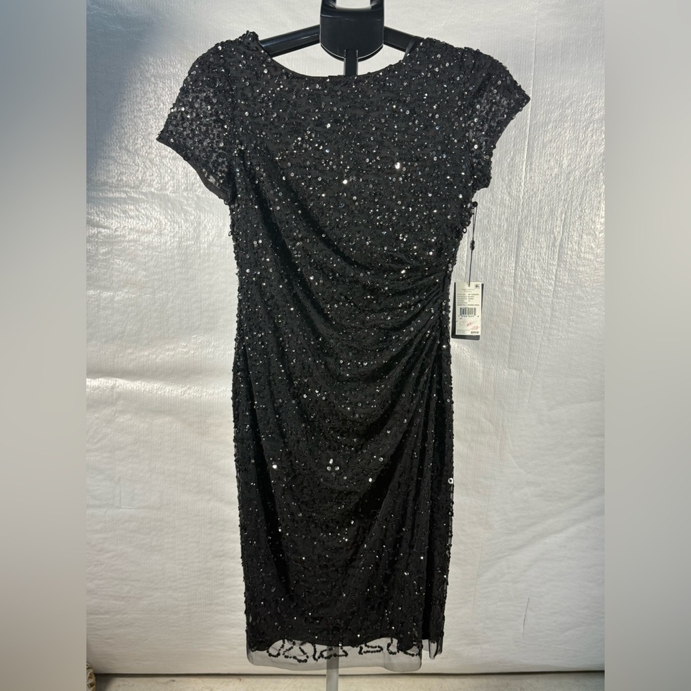 Adrianna Papell Black Sequin Ruched Midi Dress